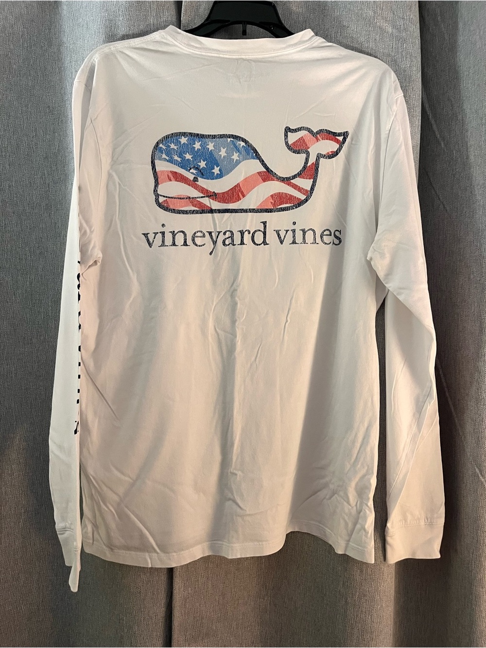 Vineyard Vines White Long-Sleeve Tee with American Flag Whale Logo